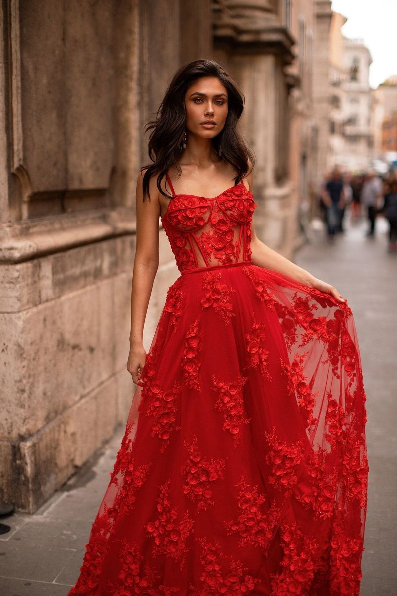 woman wearing red lace maxi dress